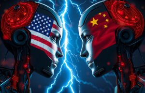Humanoid robot heads with the flags of the U.S. and China illustrating the countries' economic rivalry.