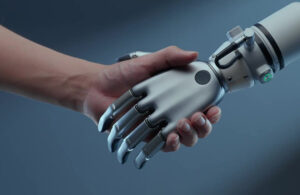 human hand and bionic hand.