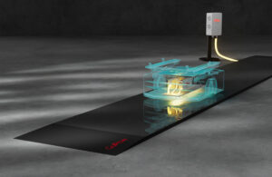 An illustration of an autonomous mobile robot with CaPow's Power-in-Motion charging technology installed.