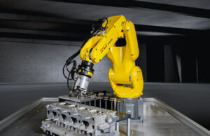 The FANUC LR Mate 200iD industrial robot arm, shown here, includes miniaturized components for agility.