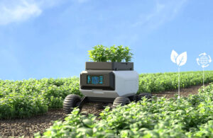 A mobile robot in a field.