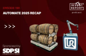 hero image of UR15 robot and an ABB AMR with wine barrels on it along with the podcast logo.