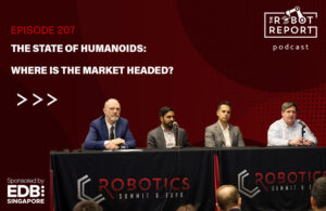 panelists discuss the state of humanoids at Robotics Summit and Expo 2025, with the podcast logo.